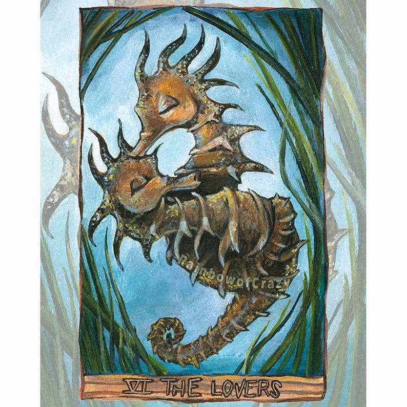Seahorse Art Print, Nautical Decor, Lovers Tarot Card, I Love You, Animism Tarot Deck, Custom Size, Anniversary Gift Tarot Border