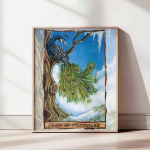 Estampado de pavo real, Siete de Pentáculos, Decoración de invierno para lectores de tarot y amantes de las aves.