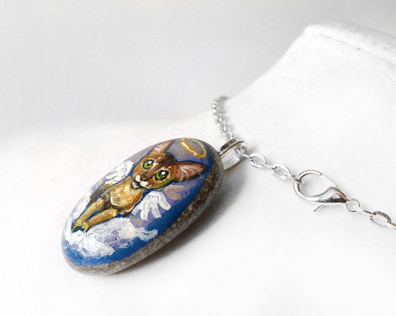 Animal Art Beach Stone Sympathy Gift Pet Loss Angel Pendant Painted Rock Abyssinian Cat Necklace Pet Memorial Cat Portrait