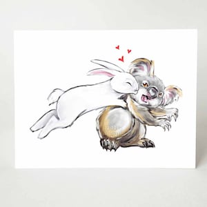 Carte Koala et lapin, je t'aime, carte d'anniversaire, carte personnalisée, Saint-Valentin, carte drôle, carte de voeux vierge, art lapin