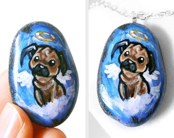 Pug Necklace, Angel Pendant, Hand Painted Rock Art, Sympathy Gift for Pet Owner, Pet Loss