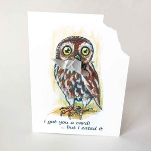 Carte hibou drôle, joyeux anniversaire, carte pour lettres faite main, amoureux des animaux, note oiseau, message personnalisé, art de la nature, blanc à l'intérieur