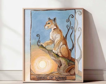 Cougar Print, Mountain Lion Art, Three of Wands Tarot, Wildlife Decor for Animal Lover, Tarot Reader