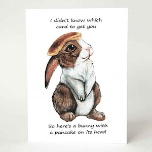 a greeting card, featuring an illustration of a brown and white rabbit with a pancake on its head. front reads, "I didn't know which card to get you / So here's a bunny with a pancake on its head"