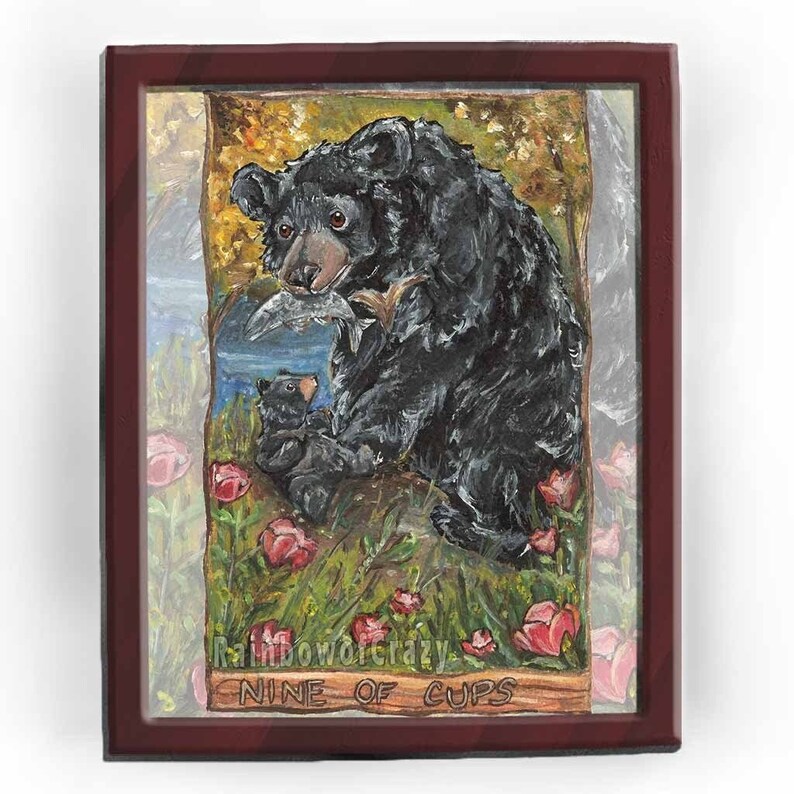 Black Bear Print, Wine Cup Flower Art, Nine of Cups Card, Animism Tarot Deck, Family Portrait, Mom & Baby, Tarot Reader Gift, Wildlife Decor image 1