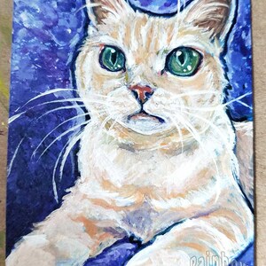 May include: A painting of a cat with green eyes and a light orange and white coat against a blue background. The cat is looking directly at the viewer. The painting is signed "Rainbow of Crazy".