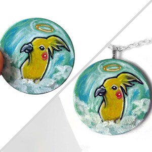 Cockatiel Necklace, Yellow Bird Jewelry, Keepsake Gift for Her, Pet Memorial, Angel Art, Hand Painted Wood Pendant, Pet Loss, Animal Lover image 1