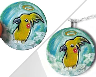 Cockatiel Painting, Animal Portrait, Yellow Bird Necklace, Memorial Art, Sympathy Keepsake, Angel Pendant, Rainbow Bridge, Pet Owner Gift