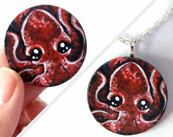 Red octopus art, nautical necklace, wood pendant, tentacle painting, gift for ocean lover, animal keepsake, hand painted present