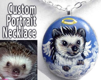 Custom Pet Necklace, Angel Jewelry, Hand Painted Rock, Personalized Charm Pendant, Accessory, Pet Memorial, Cat Portrait, Dog Painting