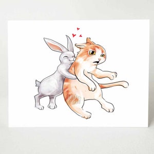 Jolie carte de chat, saint valentin, lapin blanc, je t'aime, câlins et bisous, joyeux anniversaire, propriétaire orange tigré, carte d'anniversaire, tu me manques