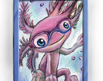 Cute Axolotl Art, Nerdy Gift for Pet Owners, Salamander Lovers, Nursery Decor, Animal Lovers, Pink & Blue Artwork