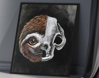 Sloth Skull Art Print, Macabre Animal Illustration, Gothic Halloween Decor