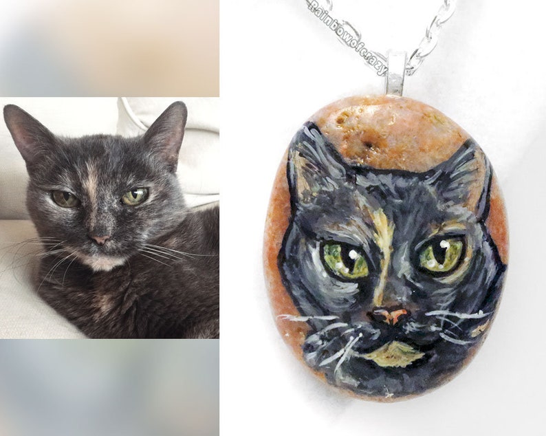 Personalized Necklace, Pet Portrait, Custom Animal Art, Hand Painted Rock, Pebble Pendant, Dog Painting, Cat Memorial, Pet Painting image 2