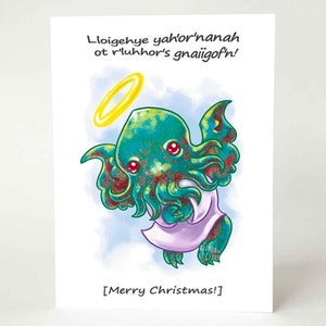 Carte de Noël Cthulhu, ange chérubin, joyeuses fêtes, message personnalisé, amant hororr, hp lovecraft, art fantastique, carte de correspondance drôle