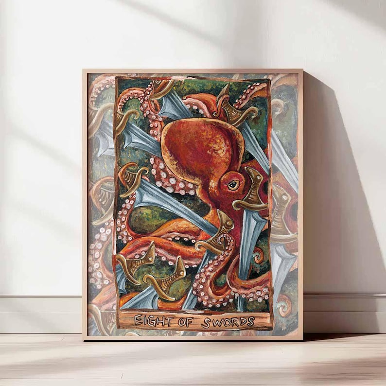 an art print of the eight of swords, from the Animism tarot deck: a red octopus is surrounded by eight swords, seemingly trapped.