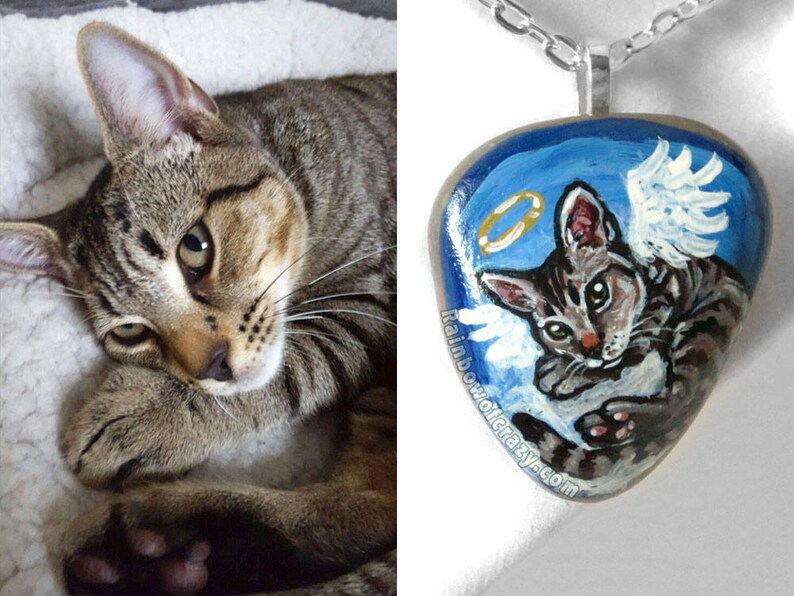 Custom Pet Jewelry, Angel Pet Necklace, Charm Pendant, Personalized Keepsake, Hand Painted Rock, Pet Memorial, Cat Painting, Dog Portrait image 5