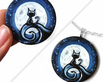 Cat Necklace, Full Moon, Black Cat, Pet Painting, Hand Painted Wood Pendant, Sympathy Gift, Animal Jewelry, Cat Lover, Pet Memorial