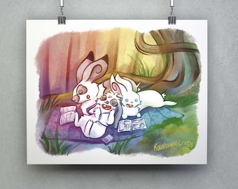 Rabbit Book Club Art Print, Nature Illustration for Pet Owners, Bookworms