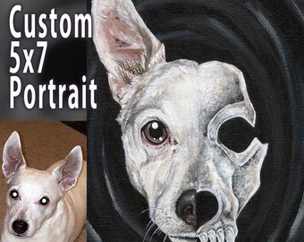 Skull Portrait, Custom Pet Painting, Skeleton Art, 5x7 Canvas, Sympathy Gift for Dog Owner, Cat Artwork, Gothic Decor, Life & Death