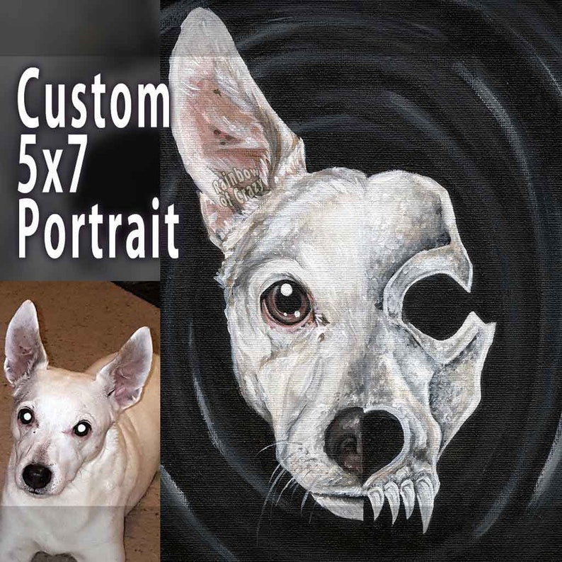 Skull Portrait, Custom Pet Painting, Skeleton Art, 5x7 Canvas, Sympathy Gift for Dog Owner, Cat Artwork, Gothic Decor, Life & Death image 1
