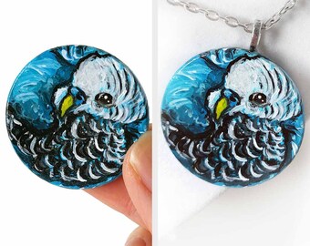 Blue budgie bird necklace, parakeet art, sympathy gift for pet owner, circle pendant, wood keepsake, rainbow bridge, animal painting