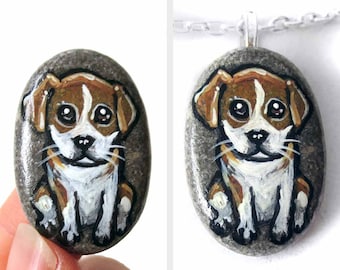 Beagle Painting, Dog Necklace, Pet Portrait, Memorial Gift for Dog Owner, Rock Art, Animal Pendant, Puppy Stone,