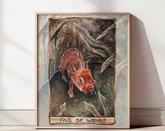 Wild Boar Five of Wands Tarot Print, Forest Animal Wildlife Art, Animism Tarot Card