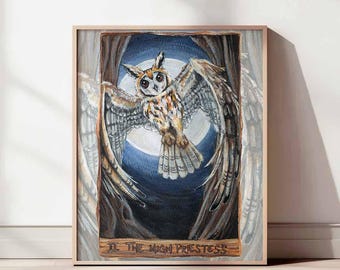 High Priestess Tarot Card Print: Striped Owl, Full Moon, Nature Art