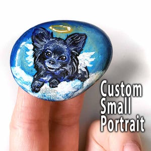 Custom pet painting, rock art, dog portrait, angel keepsake, memorial gift for cat owner, bird loss, death of hamster, beach stone