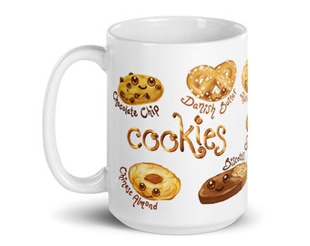 Happy Cookie Coffee Mug, Ceramic White Mug. Cookie Types. Chocolate Chip, Peanut Butter, Oatmeal Raisin, Biscotti, Snickerdoodle