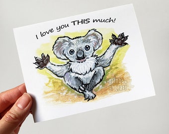 SALE: Koala Card, Love Greeting, Blank Notecard, Clearance Item, Animal Art, I Love You This Much, Valentines Day, Happy Anniversary