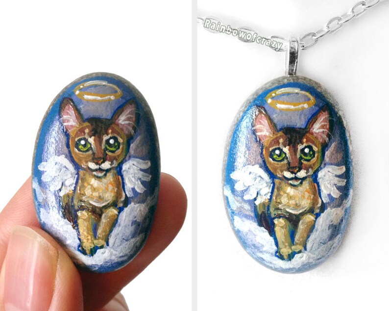 Animal Art Beach Stone Sympathy Gift Pet Loss Angel Pendant Painted Rock Abyssinian Cat Necklace Pet Memorial Cat Portrait