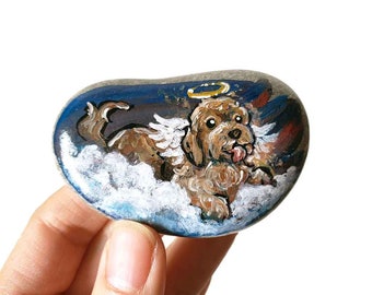 Labradoodle Angel Portrait, Rock Art Pet Memorial, Hand Painted Beach Stone, Halo & Wings, Unique Gift for Dog Owners, Animal Lovers