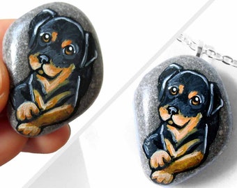 Rottweiler Portrait, Dog Necklace, Pet Memorial, Sympathy Present, Affordable Gift, Rock Art, Keepsake Stone, Puppy Painting