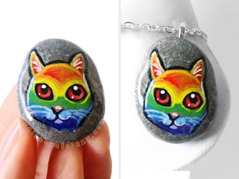 Stone Keepsake Pet Necklace Animal Jewelry Hand Painted Pebble Rainbow Cat Pendant Colorful Art Cat Owner Gift Original Painting