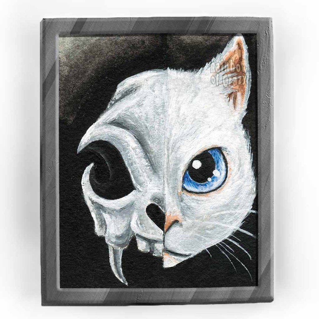 White Cat Skull, Goth Print, Animal Art, Taxidermy Decor, Skeleton