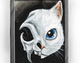White cat skull, goth print, animal art, taxidermy decor, skeleton artwork, halloween lover, pet portrait, horror gift, good vs evil