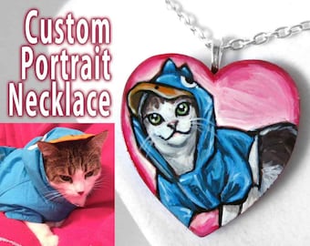 Pet Necklace, Custom Art, Heart Pendant. Dog Portrait, Personalised Gift for Cat Lover, Bird Keepsake, Hand Painted Wood, Horse Memorial