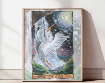 Ibis Waterfall Print, Star Tarot Card, White Bird Art, Starry Night Nature Lover Gift