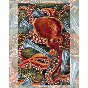 Op de afbeelding: Een rode octopus met witte stippen is omringd door zilveren zwaarden met gouden accenten. De tentakels van de octopus zijn om de zwaarden gewikkeld, wat een dynamisch en ingewikkeld ontwerp cre&euml;ert.
