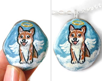 Shiba Inu Dog Necklace, Rock Art, Pet Portrait, Animal Painting, Angel Pendant, Sympathy Gift, Small Artwork, Wearable Memorial