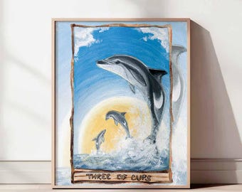 Dolphin Print, Three of Cups Tarot Card, Dolphin Lover, Sun Wall Art, Animism Tarot Deck, Nautical Decor, Friendship Gift for Tarot Reader