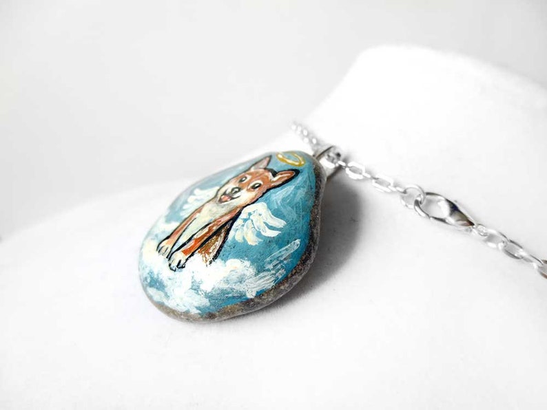 Sympathy Gift for Her Pet Loss Animal Lover Angel Pendant Hand Painted Rock Painting Shiba Inu Art Pet Portrait Dog Necklace