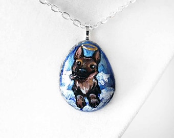 Dog Portrait, German Shepherd, Angel Keepsake, Hand Painted Rock Art - Necklace, Magnet or Keepsake