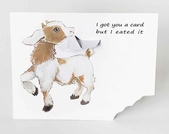 Funny Card, Cute Goat Art Greeting Card, Ripped Notecard, Blank Card, Birthday Card, Farm Animal Card