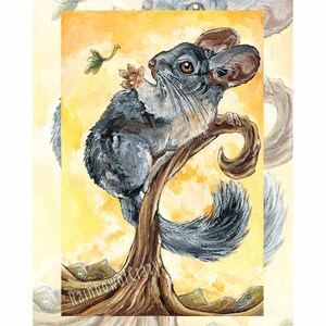 May include: A gray chinchilla with large ears sits on a branch, reaching for a green leaf. The background is a yellow watercolor wash with hints of orange and pink.