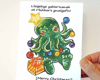 SALE: Cthulhu Card, Merry Christmas Tree Card for HP Lovecraft Fan, Fantasy Lover, Holiday Greeting, Clearance, Best Friend