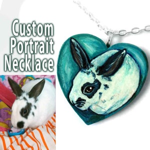 Custom Pet Necklace, Heart Pendant, Rabbit Portrait, Wood Art, Cat Painting, Dog Artwork, Bird Memorial, Gift for Hamster Owner image 1