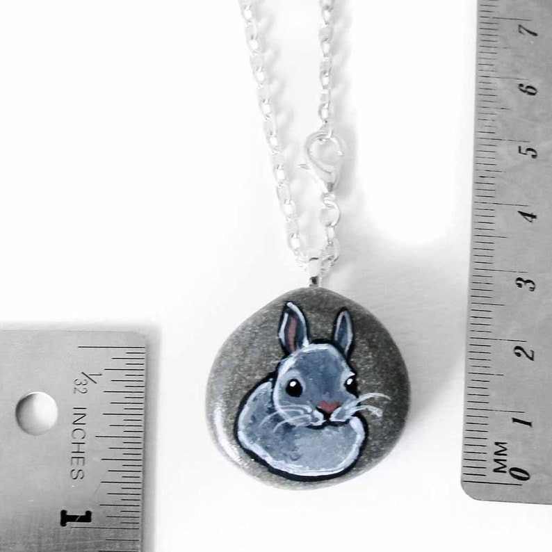 Gray Bunny Necklace, Dwarf Rabbit Pet Portrait, Sympathy Gift for Animal Lover, Pet Owner, Pet Loss, In Memory, Keepsake Gift, Rock Art image 5